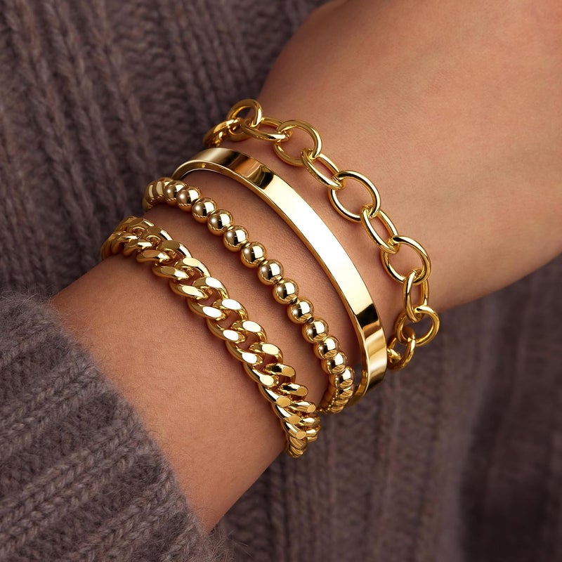 Poxtex Gold Bracelets Set for Women Stack, Dainty Thick Bracelets Stack for Women Trendy, Simple Thin Gold Plated Cuff Stackable Bracelets With Beaded Cuban Paperclip Snake Rope Bangle Hand Chain Jewelry Gifts for Women Non Tainish - Image 2